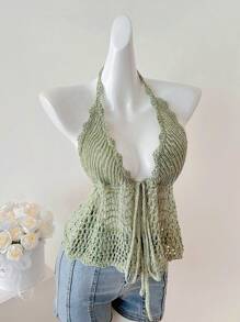 Elamini Sweet & Soft V-Neck Gradient Hollow Out Tie Front Sleeveless Knit Top, Versatile For Women, Spring/Summer - Multicolor - View 1