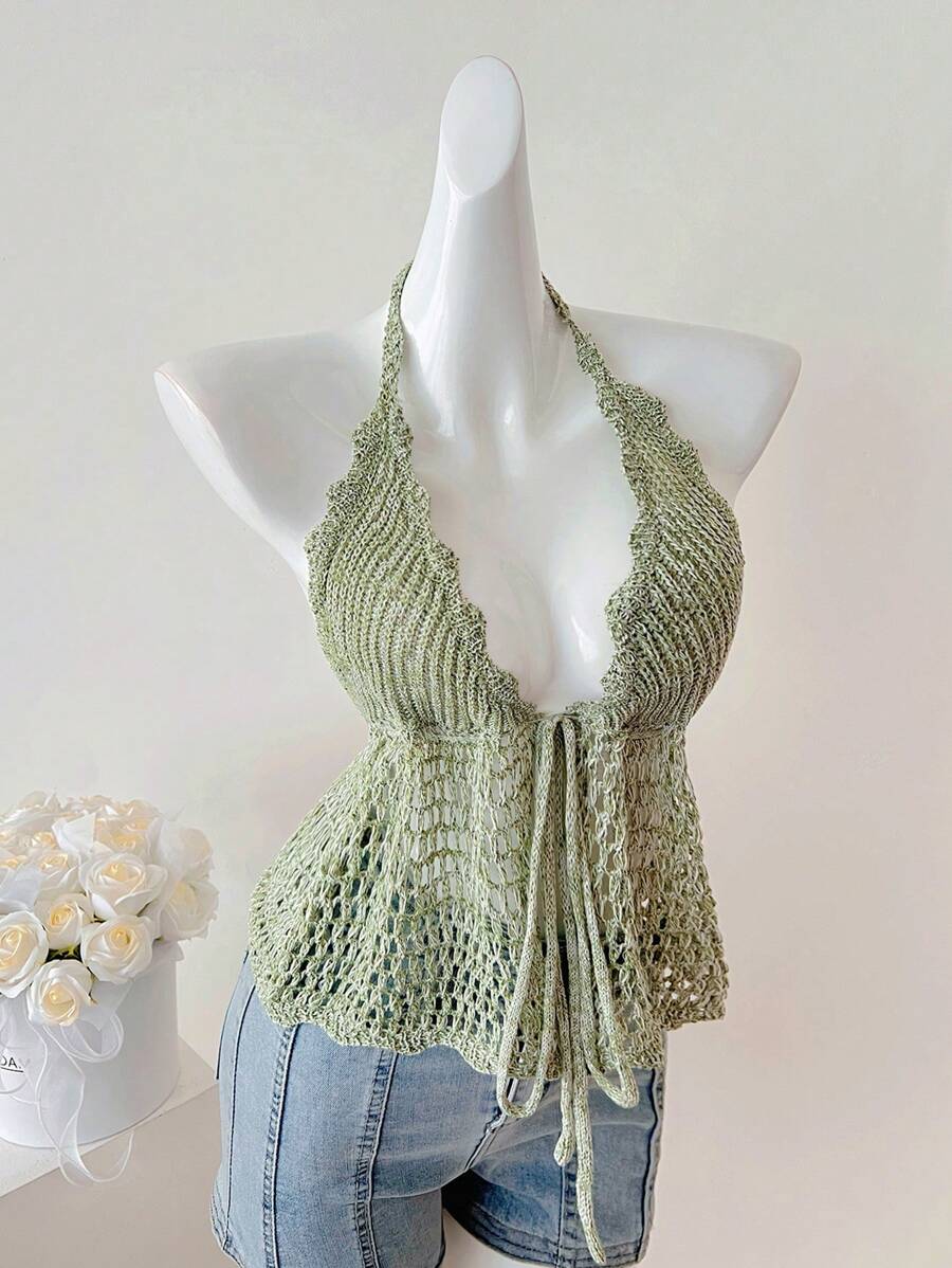 Elamini Sweet & Soft V-Neck Gradient Hollow Out Tie Front Sleeveless Knit Top, Versatile For Women, Spring/Summer - Multicolor - View 1