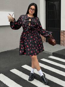 SHEIN EZwear Women's Plus Size,Bow Dress,Cherry Pattern,Black Long Sleeve Dress,Spring Summer Clothes