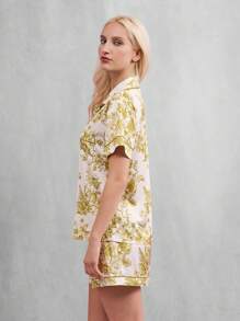TryMe Garden Print Lapel Collared Button Down Short Sleeve Satin Pajama Set - Green - View 7