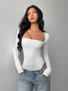 Aloruh Body de manga larga negro con cuello cuadrado sexy, decoración de lazo hecho a mano, y parches de encaje en la parte delantera para mujer