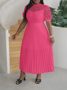 Slaydiva Lace Patchwork Pleated Puff Sleeve Plus Size Women Dress - Hot Pink - View 6