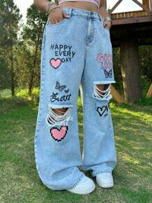 SHEIN MOD Pantalones vaqueros azules rectos y holgados de talla grande con efecto desgastado