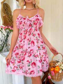 2pcs/Set Women Floral Print Mesh Ruffle Collar Nightgown Set - Nightgown + Panty - Pink - View 5