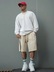 DAZY Herren beige farbblockige Patchwork Shorts, Sommer Leoparden Muster Urlaub - Beige - Übersicht 3