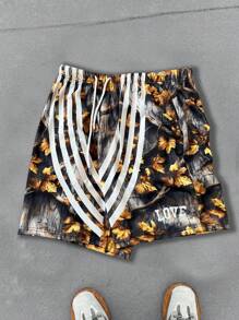 Manfinity EMRG Men's Leaf Print Contrast Striped Drawstring Waist Casual Shorts - Multicolor - View 5