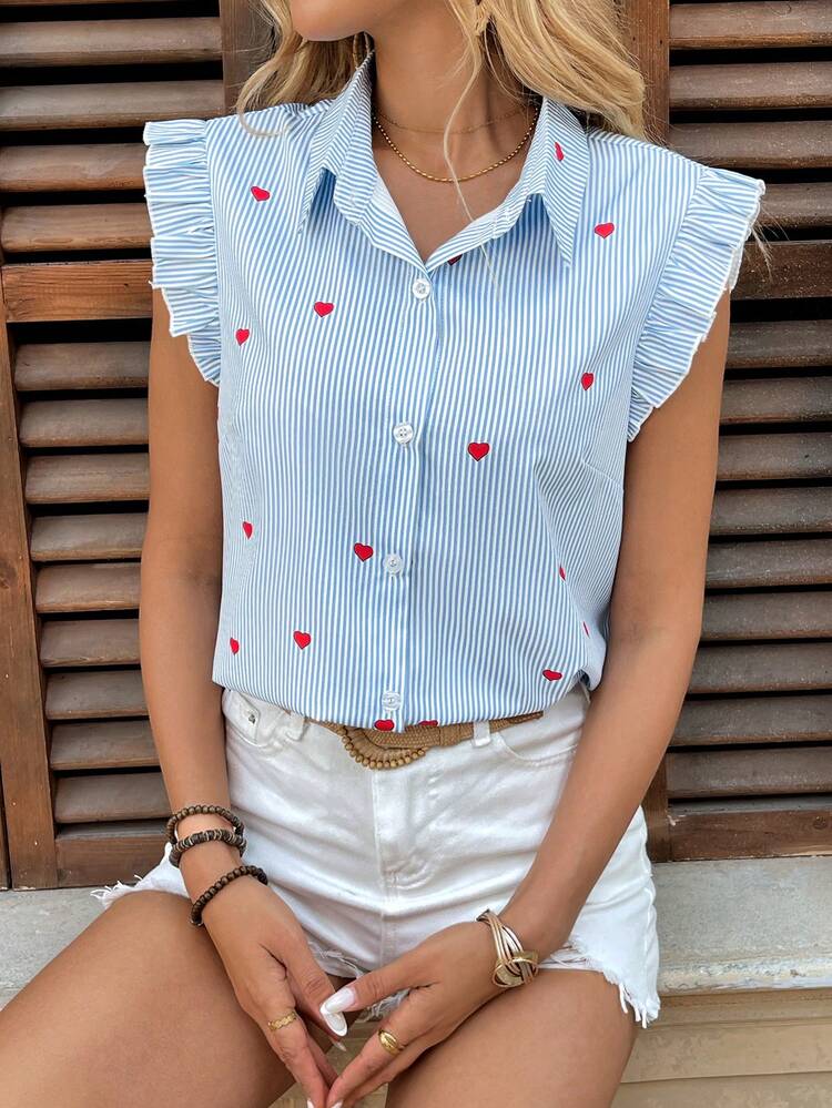 Breezaya 女式春夏优雅盖袖心形印花蓝白条纹面料盖袖衬衫 - 藍色 - 查看 3