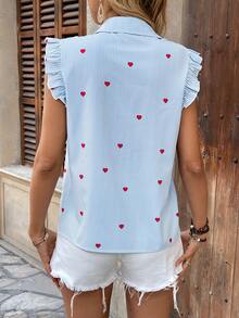 Breezaya 女式春夏优雅盖袖心形印花蓝白条纹面料盖袖衬衫 - 藍色 - 查看 2