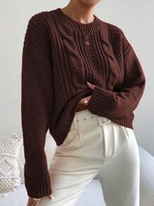 Chiquease 休闲纯色落肩宽松针织毛衣，秋冬，长袖上衣 - 棕色 - 查看 5