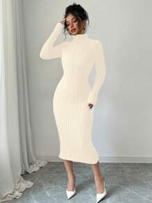 SHEIN Unity High Neck Fitted Knit Sweater Dress, Casual Solid Color, Autumn/Winter - Apricot - View 1