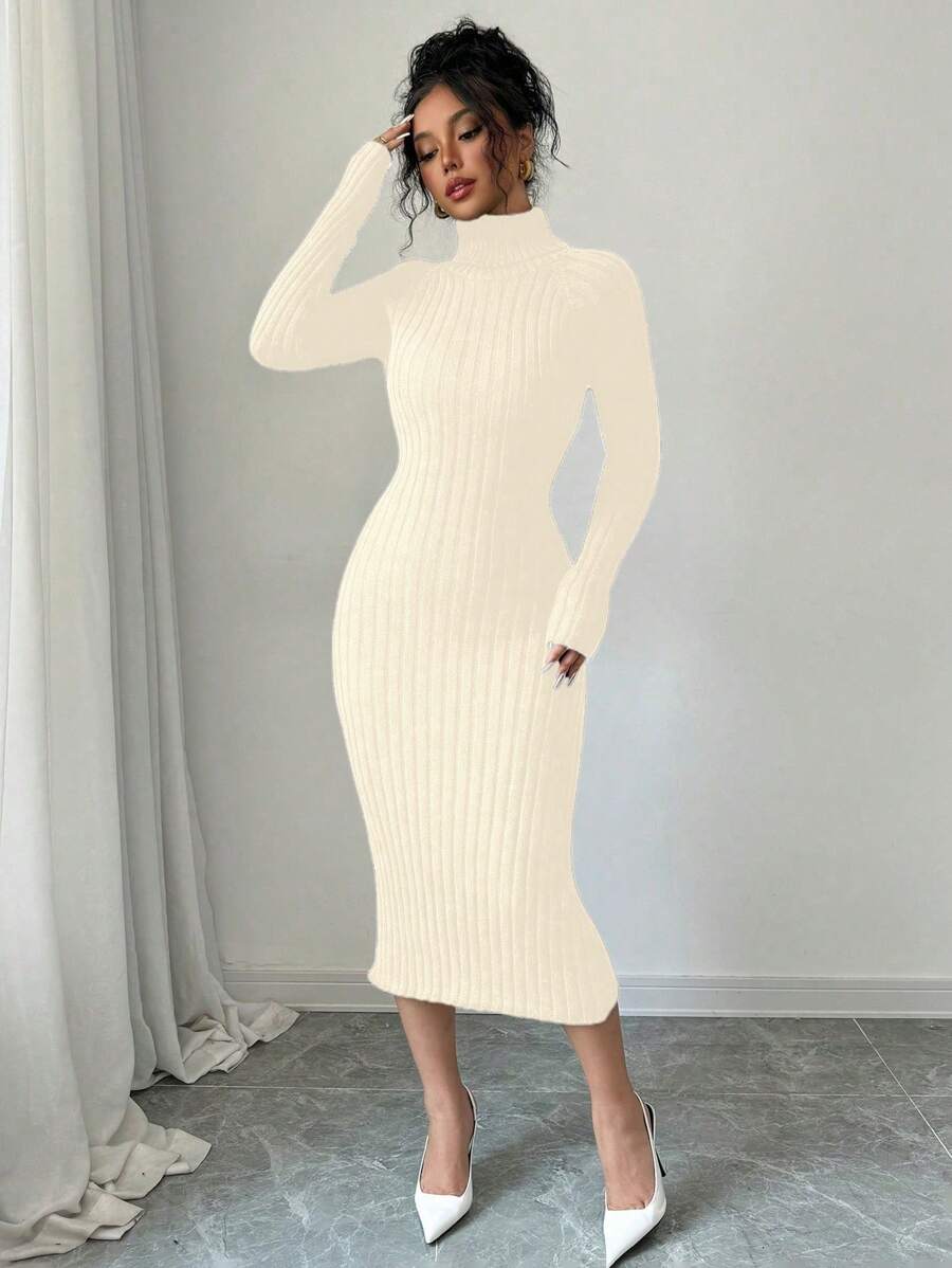 SHEIN Unity High Neck Fitted Knit Sweater Dress, Casual Solid Color, Autumn/Winter - Apricot - View 1