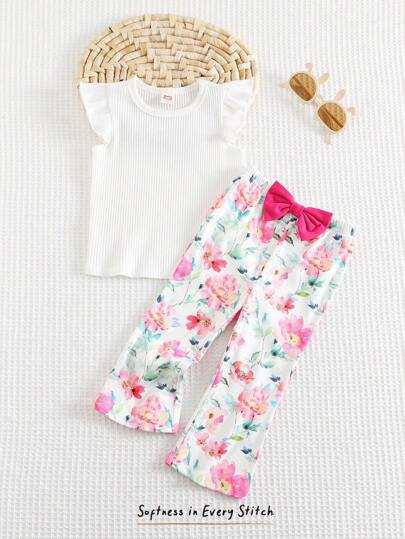 Cozy Pixies 2 件装女婴纯色针织柔软褶边圆领上衣和松紧腰喇叭裤套装