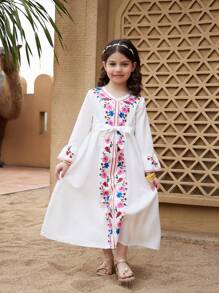 SHEIN V-Neck Floral Print Flared Sleeve Dress For Young Girls - White - View 3