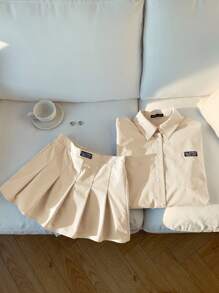 Comfortcana 2pcs Women Set: Blouse & Pleated Skirt - Apricot - View 4