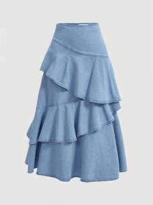 SHEIN MOD 圣帕特里克节春假可爱牛仔荷叶边半身裙 - 淺色水洗藍 - 查看 1