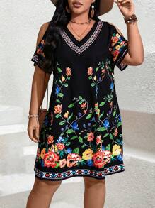 SHEIN Clasi Vestido bohemio de verano de talla grande con estampado retro - Negro - Ver 7