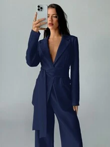 Aloruh 女士白色两件套商务套装：西装外套和裤子，适合通勤、秋冬季 - 藏蓝色 - 查看 7