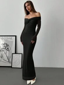 Aloruh Váy suông trễ vai lưới xoắn xếp ly, lãng mạn cho buổi hẹn hò, tay dài - màu đen - Xem 3