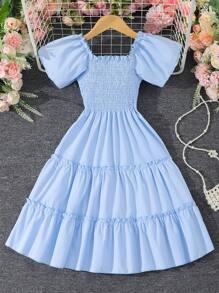 Tween Girl Solid Color Halter Short Sleeve Dress - Blue - View 2