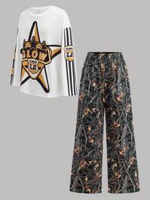 SHEIN 2pcs Tween Girls' Loose Fit Graphic Print Crew Neck T-Shirt And Pants Set