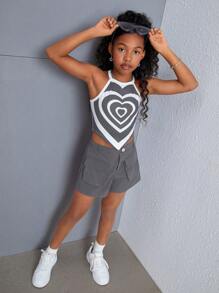 SHEIN Tween Girls Cool Street Style Knit Cami Top And Straight Leg Shorts Set - Grey - View 6