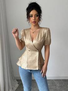 Chiquease 时尚优雅纯色荷叶边下摆短袖女式衬衫