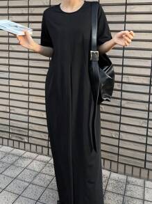 FRIFUL Women's Black Midi Dress, Round Neck Short Sleeve, Business Casual Summer Outfit