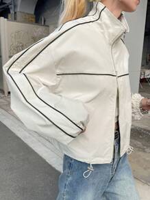 FRIFUL Women's Loose Fit Apricot Bomber Jacket, Color Block Sportswear, Spring Season - Apricot - View 1