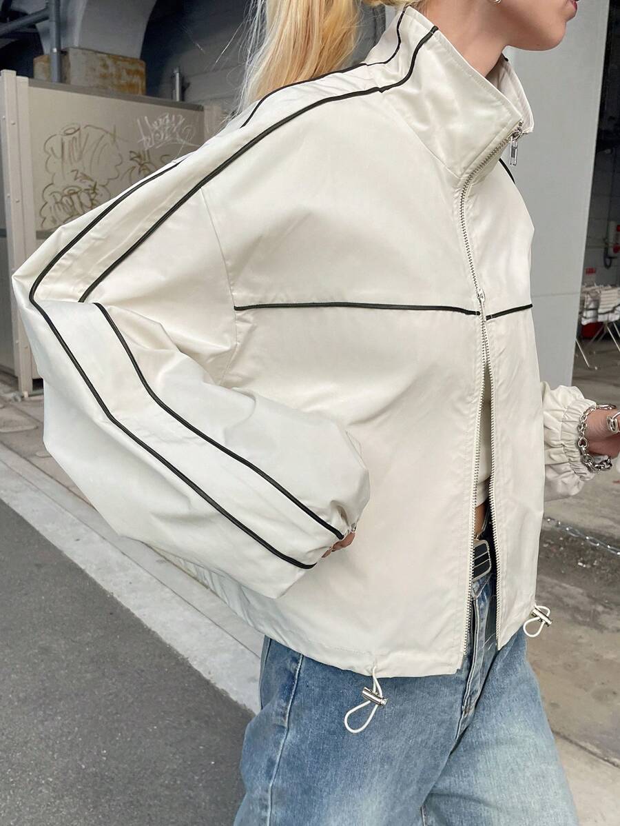 FRIFUL Women's Loose Fit Apricot Bomber Jacket, Color Block Sportswear, Spring Season - Apricot - View 1