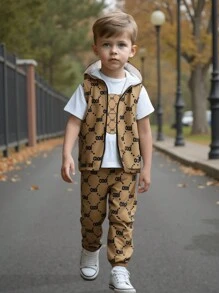 SHEIN 3pcs/Set Young Boy Casual Minimal Bear Graphic Crew Neck Short Sleeve T-Shirt, Hoodie Vest And Pants Outfit, Suitable For Casual, School, Sports, Spring/Summer - Multicolor - View 3