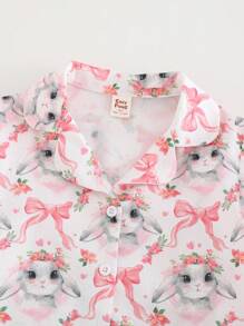 Cozy Pixies Conjunto de 2 piezas de parte superior con botones de manga corta y estampado de animales de dibujos animados, y pantalones cortos de cintura elástica para niñas - Rosa - Ver 6