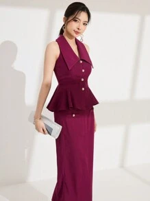 Modelyn Women's Elegant Lady Style Turndown Collar Single Breasted Ruffle Hem Cinched Waist Sleeveless Vest And Midi Bodycon Skirt 2 Pieces Set