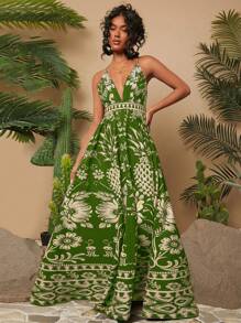 Travachic Robe de vacances pour femmes avec encolure en V, imprimée, taille marquée et ourlet évasé - Vert - Voir 5