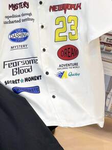 SHEIN 2pcs Teen Boys Casual Set: White Printed Short Sleeve Shirt + Black Shorts, Streetwear Punk Rock College Style For Everyday Wear, Party, Music Festival, Spring/Summer - White - View 4