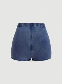 SHEIN MOD Plus Size Denim Shorts Skirt Sweet Slice Tight Elastic Blue Shorts 4th Of July Women Back To School Sport Women Shorts Legging Shorts