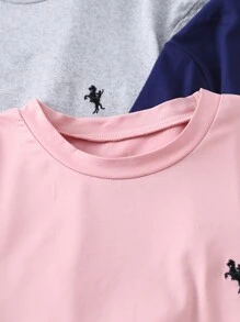 SHEIN 5 件男童刺绣短袖圆领 T 恤，颜色：海军蓝、粉色、白色、灰色、浅蓝色