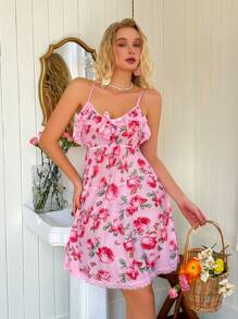2pcs/Set Women Floral Print Mesh Ruffle Collar Nightgown Set - Nightgown + Panty - Pink - View 3
