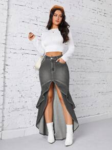 SHEIN Privé Women's Denim Ruffle Hem Patchwork Skirt - Dark Grey - View 5