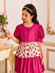 Robe de jour court-manches simple et décontracté pour filles pré-adolescentes - Rose vif - Voir 3