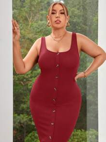 SHEIN Essnce Women Plus Size Square Neck Button Decor Front Slit Striped Textured Cami Dress, Black - Burgundy - View 6