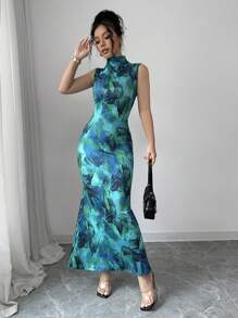 Elenzga Tie-Dye Flower Print Sleeveless Dress - Green - View 4
