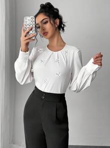 Firerie Women's White Rhinestone Embellished Pleated Collar Long Sleeve Fitted Blouse, Minimalist Office/Commute Wear, Back To School, Valentine's Day - White - View 7