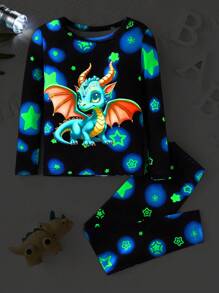 2pcs Young Boy Pajamas Snug Fit, Long Sleeve Top And Long Pants. Glow-In-The-Dark Unicorn Print, Soft And Comfortable Fabric, Simple Design Style For Easy Matching, Playful Design Makes Boys Stylish And Energetic At Home. Suitable For All Seasons (1 Set Sold Separately) - Black - View 3