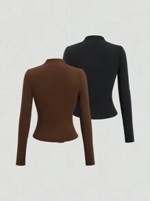 Sweetra Y2K 风格褶皱高领长袖 T 恤，性感时尚，适合日常休闲穿着 - 彩色 - 查看 2