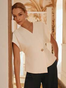 Anewsta Elaire Elegant White Metal Button Short Sleeved Shirt For Women Old Money - Beige - View 6