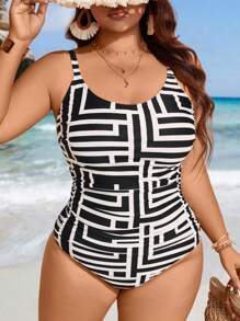 Swim Lushoire Summer Plus Size Adjustable Strap Geometric Print One Piece Swimsuit - Multicolor - View 5