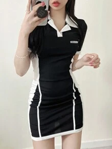DAZY 女式拼色翻领裹身迷你连衣裙、春夏挤奶女工裙太阳裙、休闲女装、返校服 - 黑色 - 查看 4