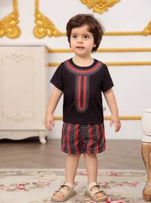 男婴黑色图案印花领短袖 T 恤和短裤套装，适合多种场合 - 黑色 - 查看 3