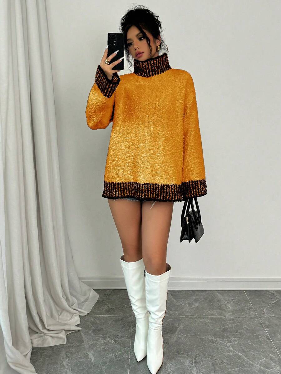 Chiquease Elegant Color Block Long Sleeve Knitted Pullover Sweater For Women, Autumn & Winter Fall - Orange - View 1