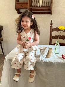 SHEIN LMoss Kids 女婴花卉印花吊带背心和裤子两件套，夏季